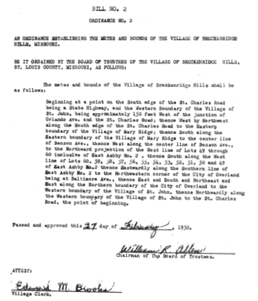 2nd Ordinance of Breckenridge Hills - establishing borders.